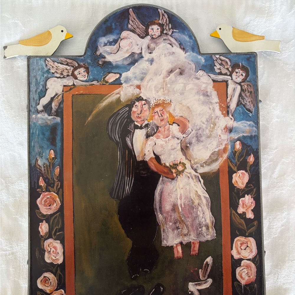 Hand-Painted Wedding Couple Wall Plaque in Pink, White, Blue - Picture 2 of 3